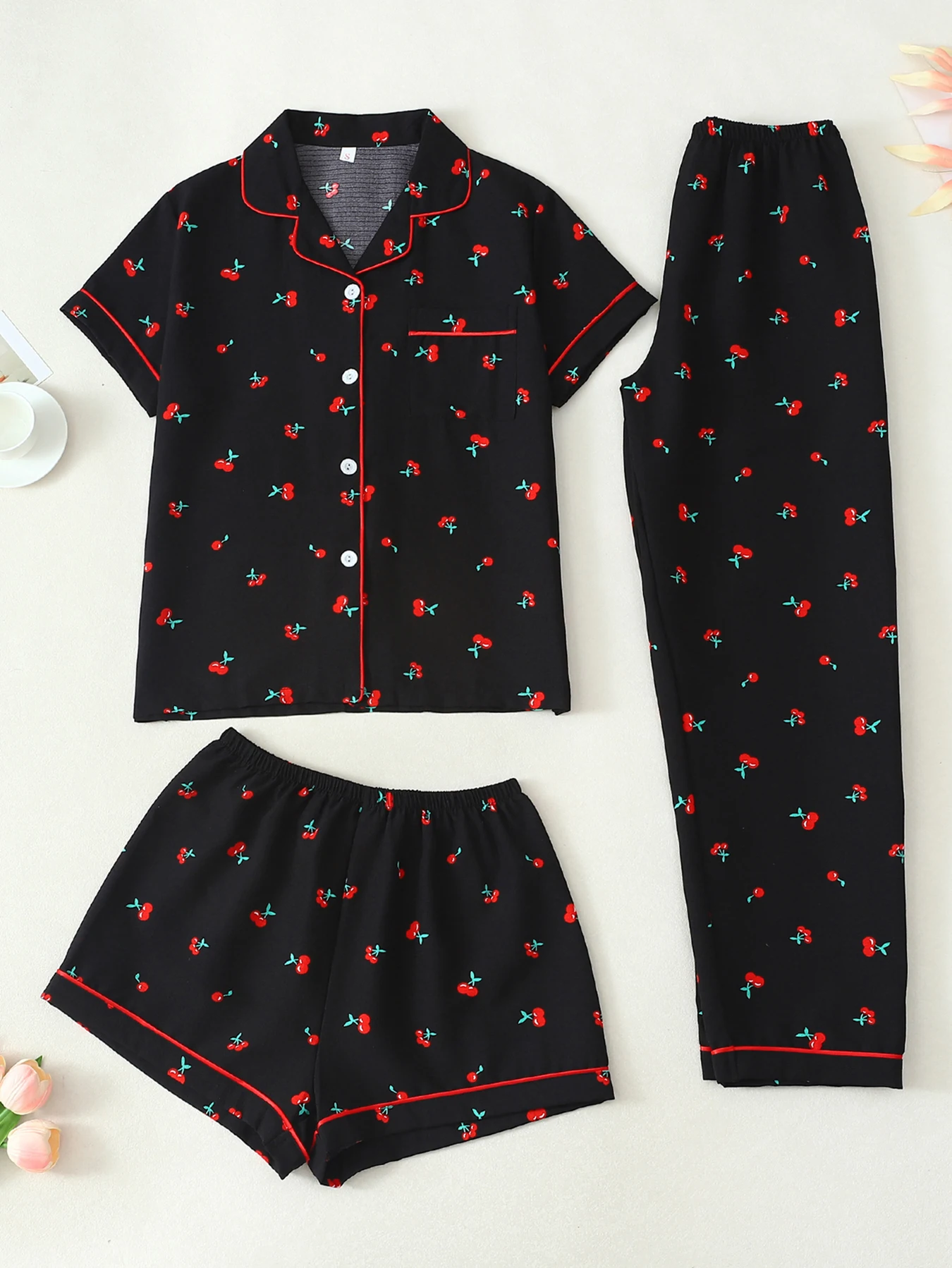 

Women Pajamas Notch Lapel Short Sleeve Shorts Pants 3 Piece Set Spring Summer Fall Cute Cherry Print Homewear