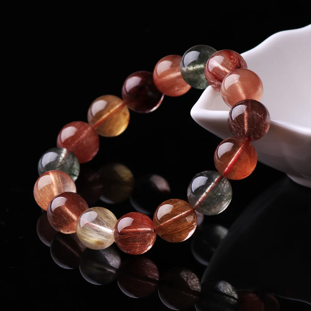 Natural Colorful Rutilated Quartz Beads Bracelet Women Men Red Green Copper Clear Round Beads 8mm 9mm 11mm 12mm 13mm AAAAA