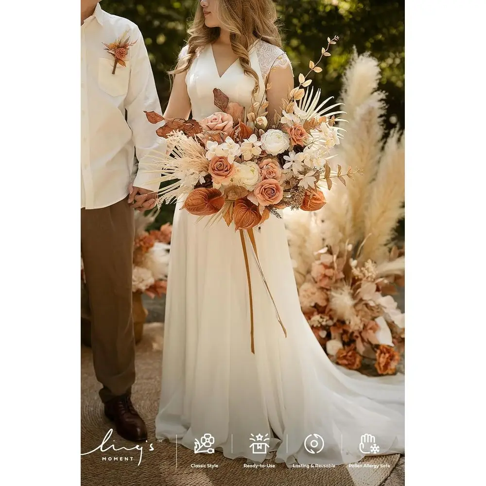 17 Fall Terracotta Silk Boho-Style Artificial Bridal Bouquet for Rustic Weddings