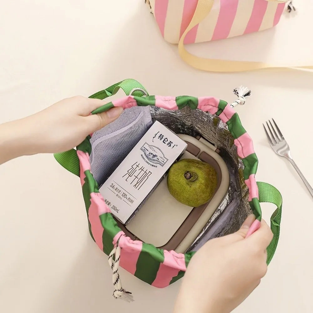 Color Block Drawstring Lunch Box Bag Striped Aluminum Foil Liner Picnic Bag Adjustable Detachable Shoulder Strap Drawstring
