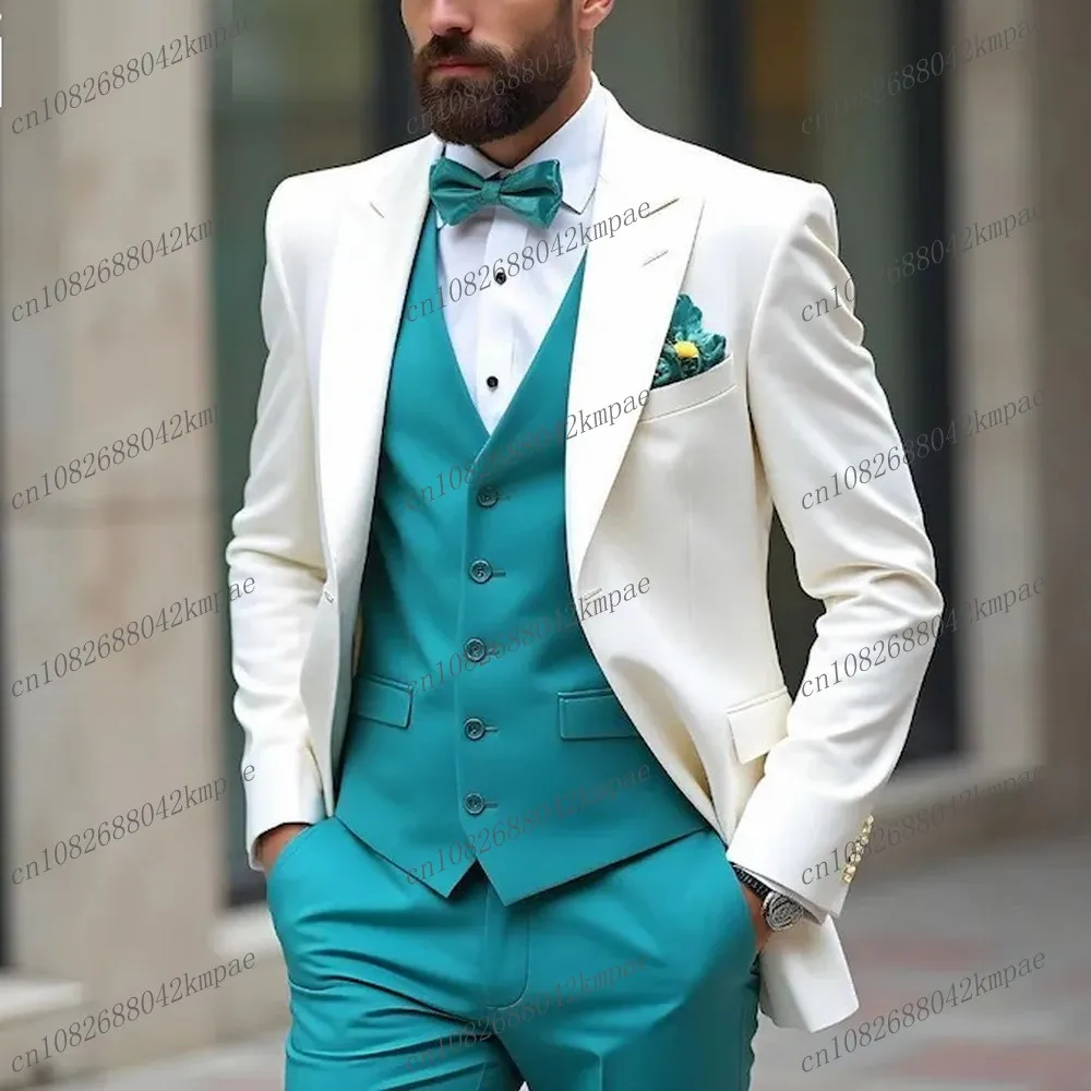 

Новый сине-белый мужской костюм для торжественных случаев, жениха, жениха, свадебной вечеринки, выпускного вечера, мужские смокинги, комплект из 3 предметов, пиджак, жилет, брюки