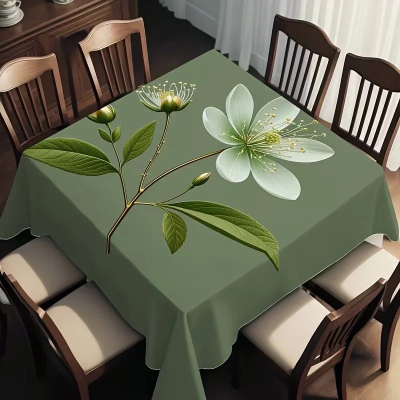 One piece. Autumn-themed, fresh white flowers and green leaves patterned print square tablecloth.xzj