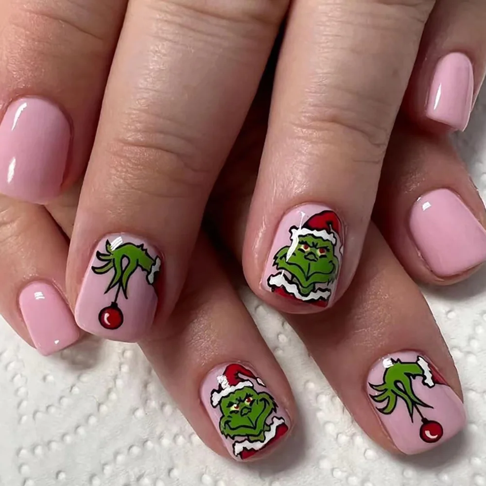 Santa Claus Fake Nail Tips Short Round Xmas Ins  Christmas Pattern False Nails Patch Wearable Full Cover Merry Christmas Gifts