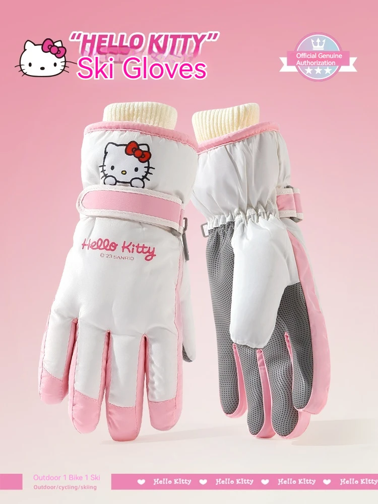 Sanrio-guantes de esquí de terciopelo grueso para mujer, manoplas cálidas de algodón para montar en la pantalla, equipo de esquí para niños, Invierno