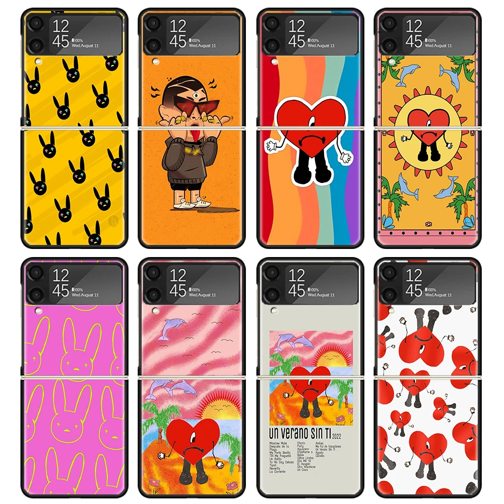 Bad Bunny Heart Case For Samsung Galaxy Z Flip 4 5 3 z Flip5 Flip4 5G Hard Phone Cover Flip3 Split Folding Black Plastic Coque