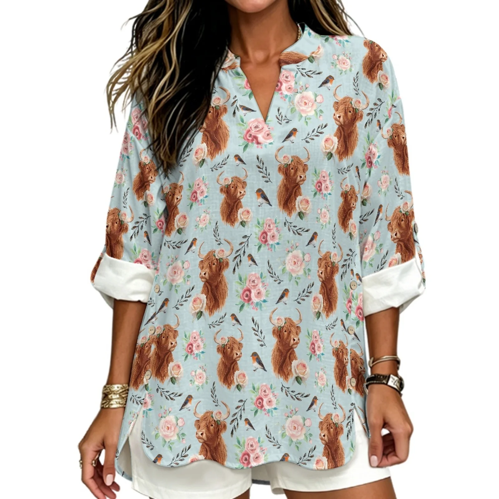 PENSTROLL Floral Highland Cow Linen-Like Casual Loose Fit Blouses Trendy Women's Long Sleeve Tops for Year Round Sizes S-5XL