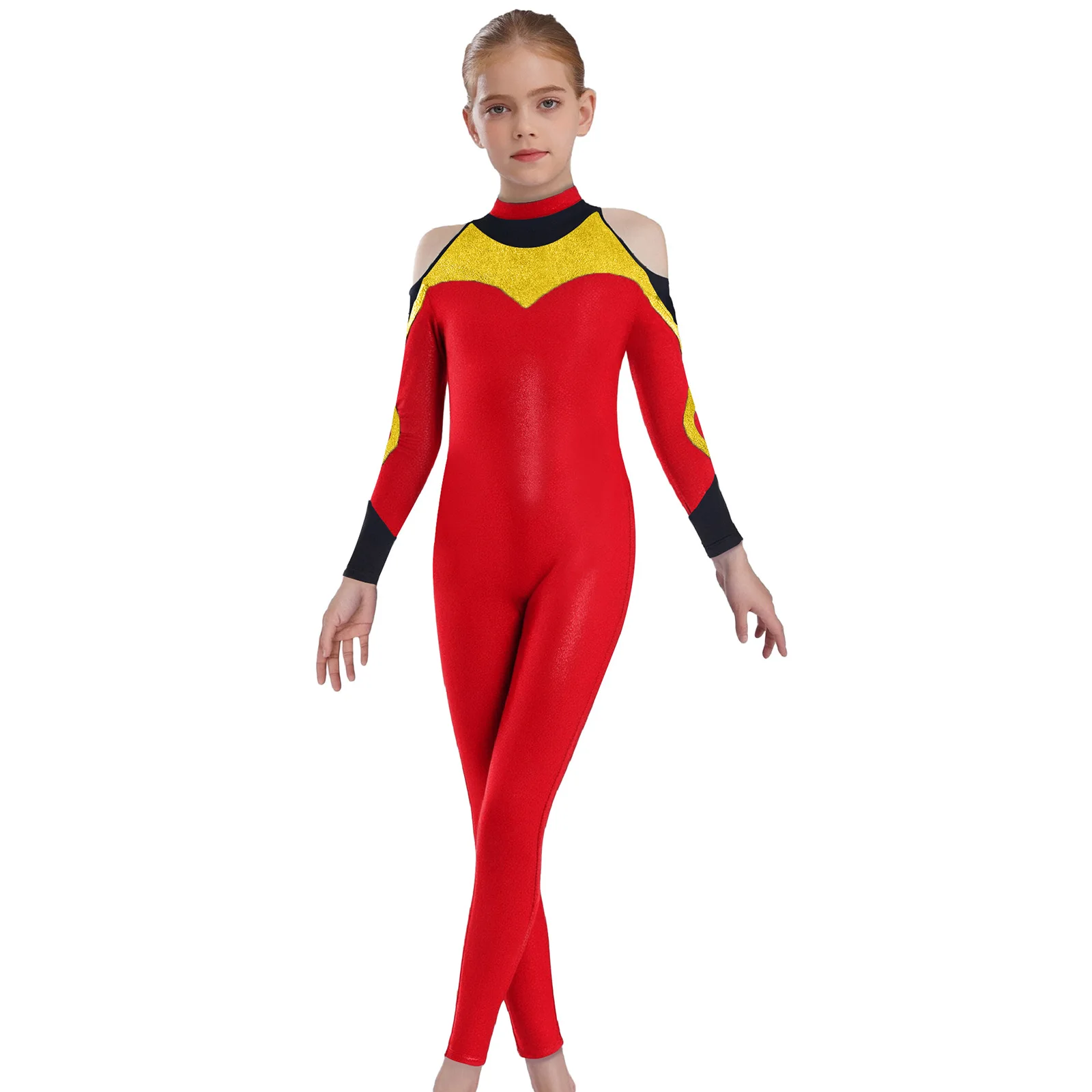 Kids Girls Acrobatics Gymnastics Dance Jumpsuit Long Sleeve Cold Shoulder Contrast Color Metallic Dance Bodysuit Yoga Sportswear
