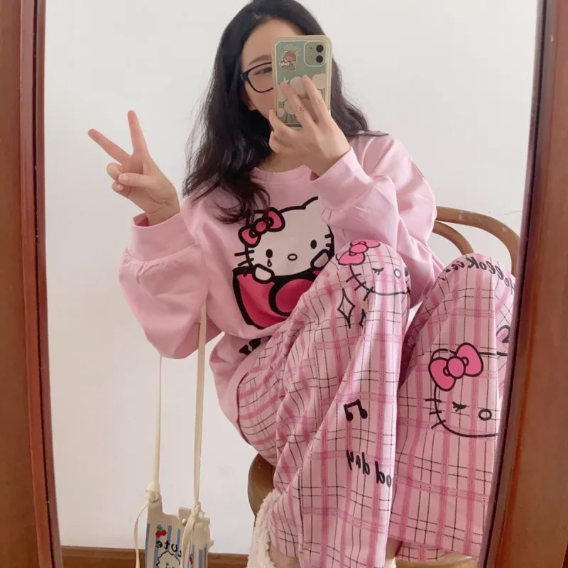 Sanrio Hello Kitty Women Autumn Winter Cotton Long Sleeve Pajamas Sweet Cute Round Neck Loose Casual Nightgown Home Sleepcoat