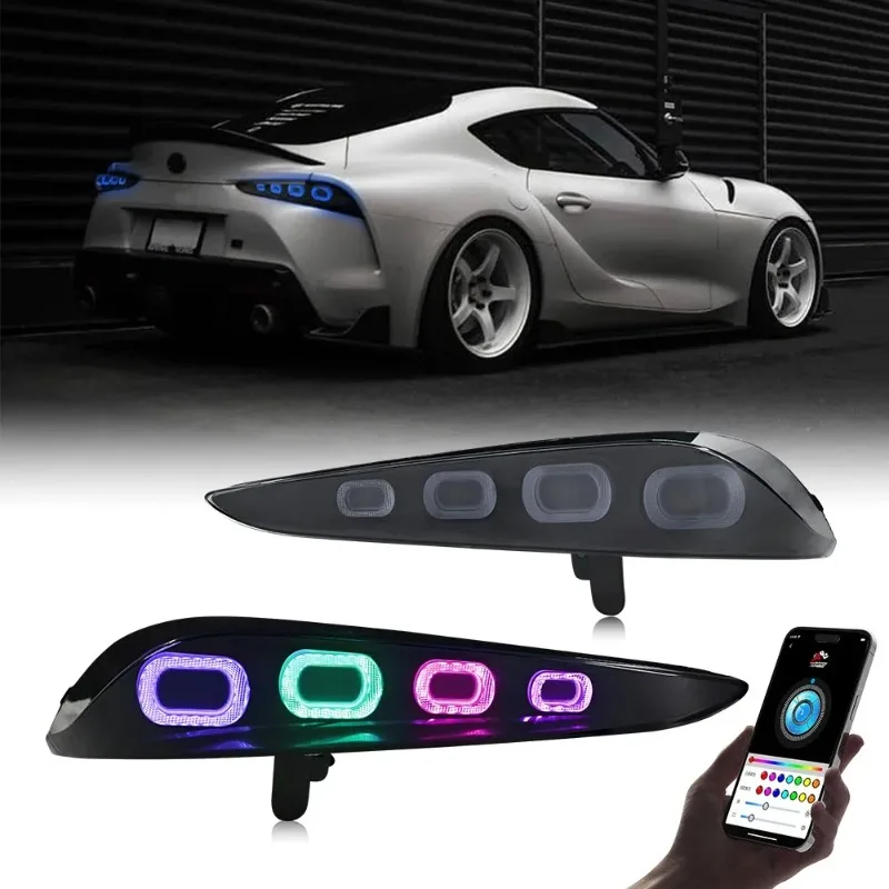 

Для Toyota GR Supra 2020-2024 пара светодиодных задних фонарей RGB, черный корпус с индивидуальной анимацией