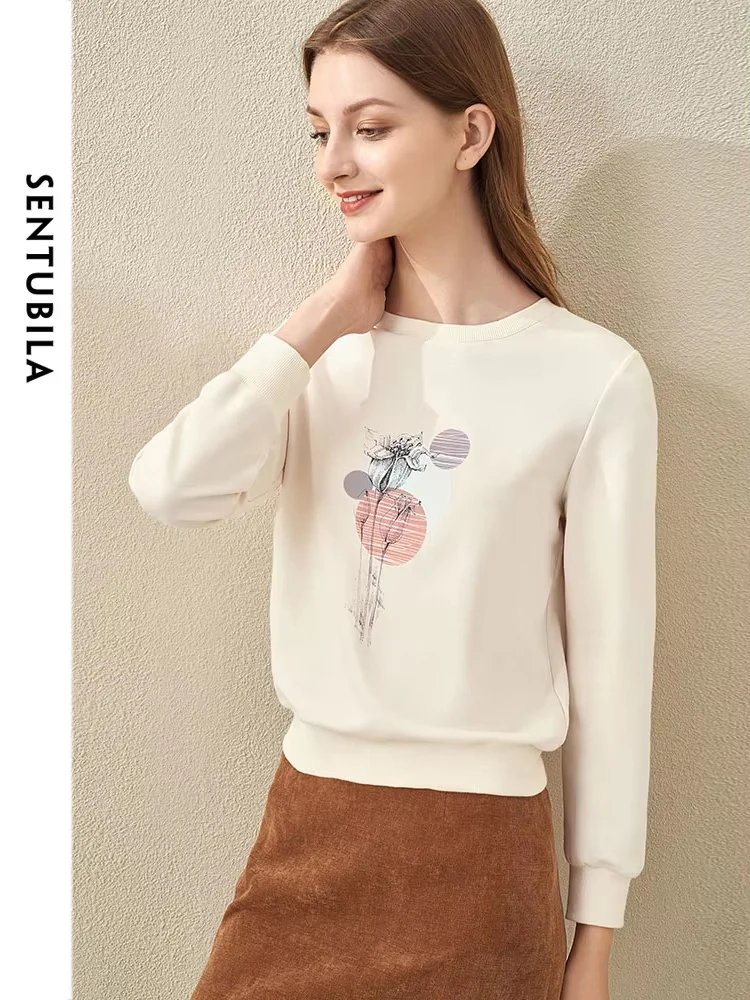Sentubila Camisolas Casuais para As Mulheres 2023 Primavera Moda Algodão Solto Reta Pullovers O-pescoço Art Print Manga Longa Tops