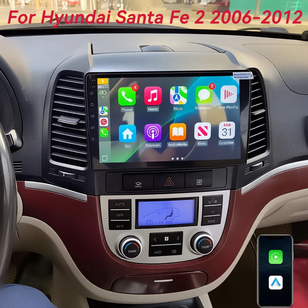 Android 16 Carplay Auto Radio For Hyundai Santa Fe 2 2006-2012  Car Multimedia Player GPS Navi 2 Din Autoradio Stereo WIFI+4G BT