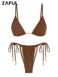 ZAFUL Damen-Bikini mit seitlicher Schnürung, Tanga, Dreieck, zweiteilige Badeanzüge, einfarbig, Badebekleidung, BH oben und unten, Strandmode