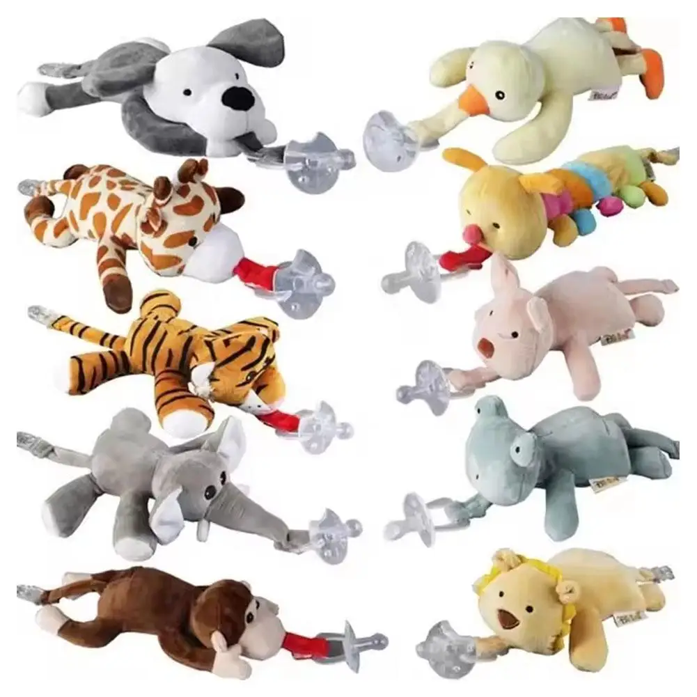 Baby Soothing Animal Toys Cute Soft Comfort Stroller Hanging Stuffed Plush Doll with Silicone Pacifier Holder Sleeping Mate Toy