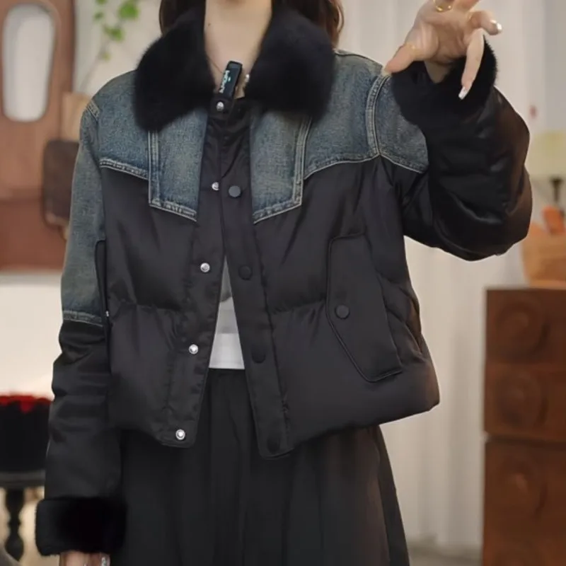 ANJY automne hiver nouvelles femmes Chic Denim broderie Patchwork conception col de fourrure doudoune à la mode élégant ajustement rembourré manteau A15720