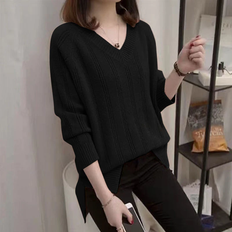 Autumn Winter Oversized V-neck Solid Sweater Top Women Simple All-match Bottoming Knitting Jumpers Loose Casual Fashion Pullover