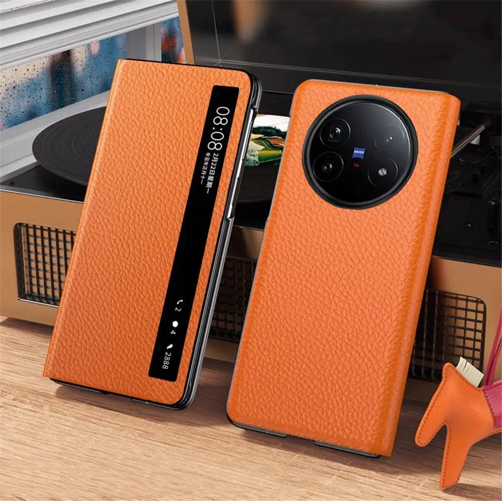 

Genuine Cowhide Leather Litchi Flip Case for Vivo X Fold5 Window View Full Cover