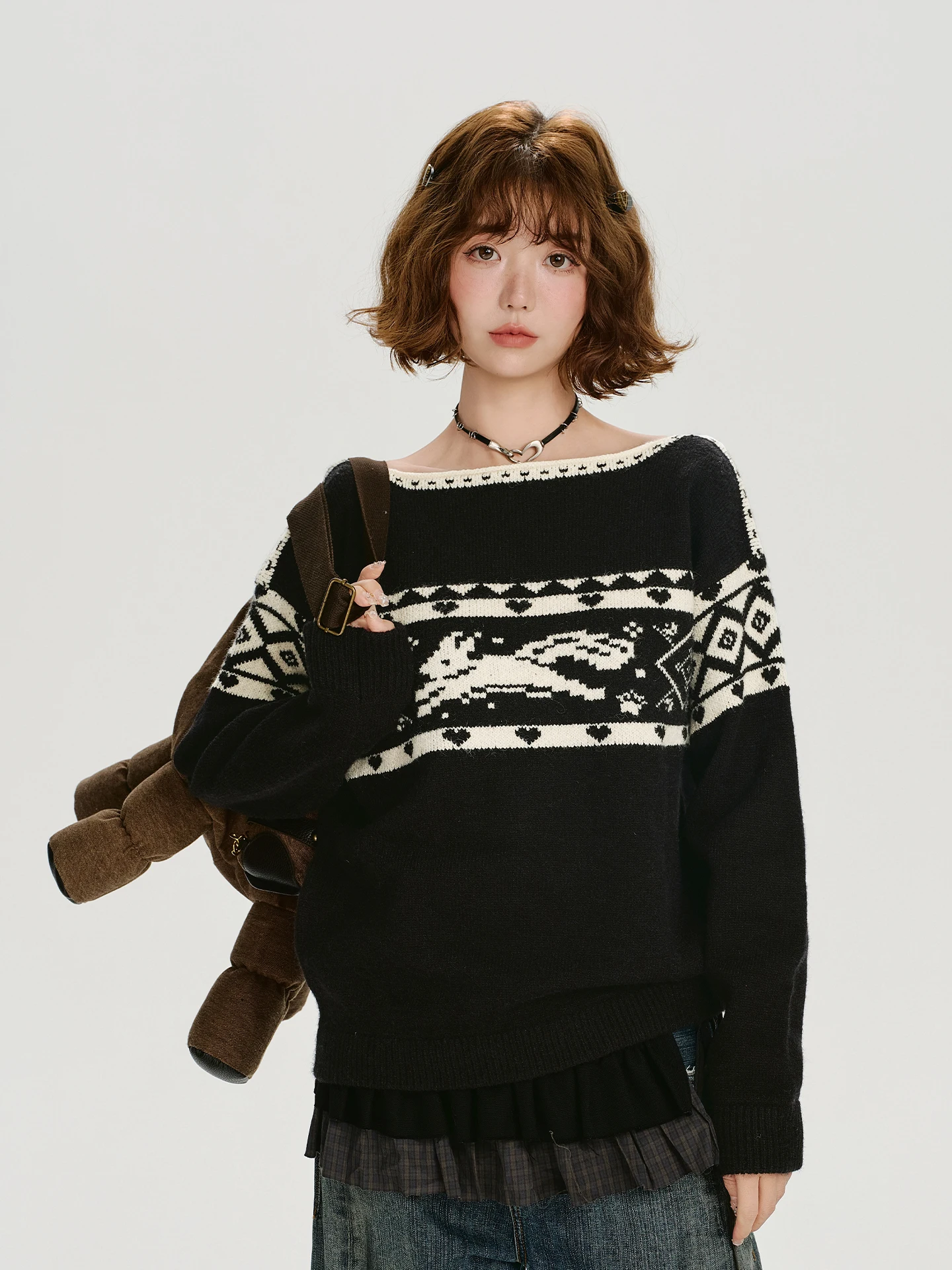 

Girly American Retro oulder Bared Fair Isle Knitted Sweater Women's Loose Slimming Top Fall New Sle Warmth Heating