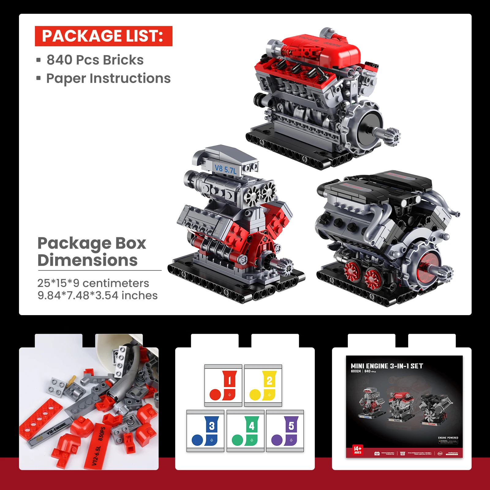 

60024 Car Parts 3-in-1 Simulation Engine Building Blocks Set, Creative Toy Ornament, Mechanical Engine Assembly, Birthday Gift