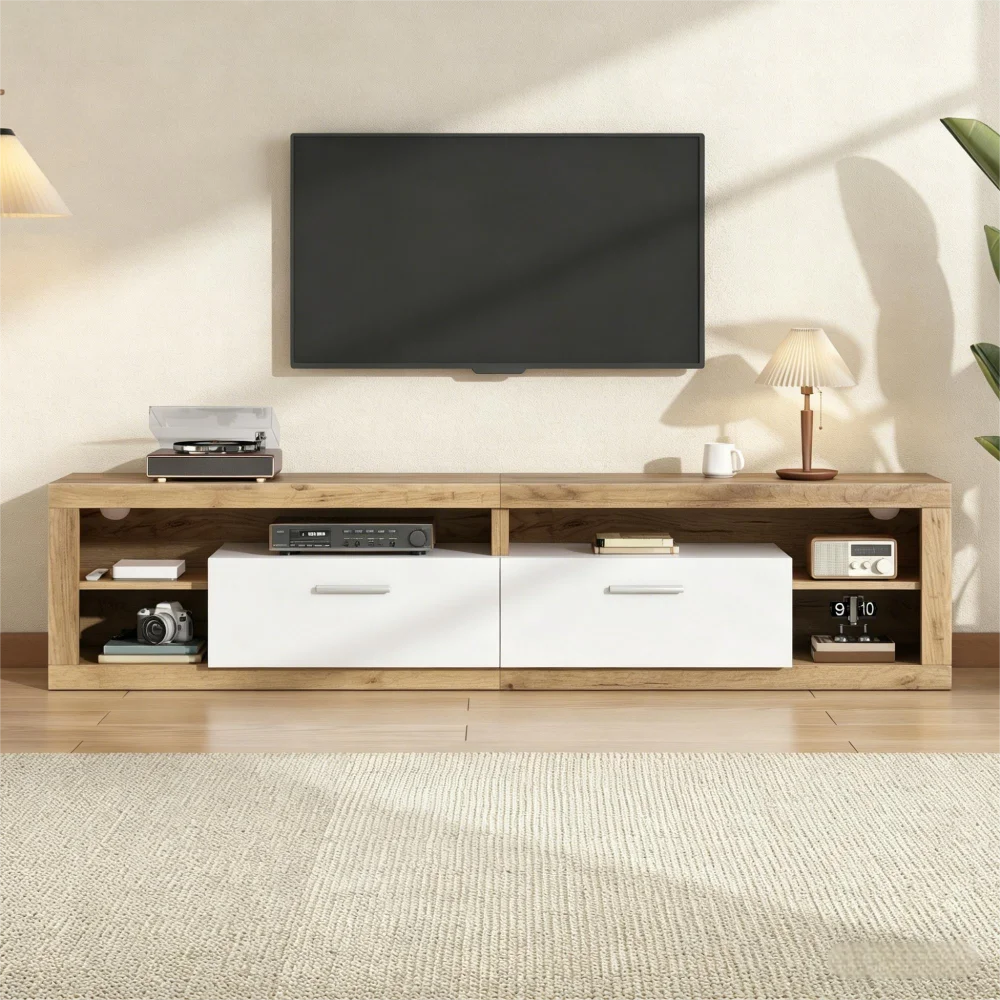 Meuble TV Ye 180x35,5x50cm avec LED contrôlées par application, 2 tiroirs et 4 compartiments ouverts, en aggloméré, capacité de charge jusqu'à 30kg, adapté aux téléviseurs de 75 pouces, couleur bois naturel + blanc