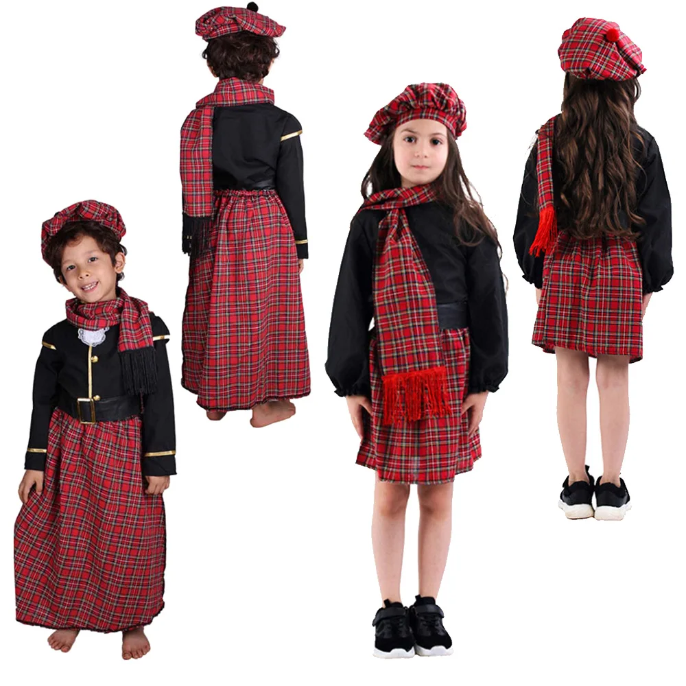 Scottish Kids Girls Boys Red Plaid Skirt Cosplay Costume Hat Stage Performance Hoodie Skirt Scarf Pants Halloween Party Suit