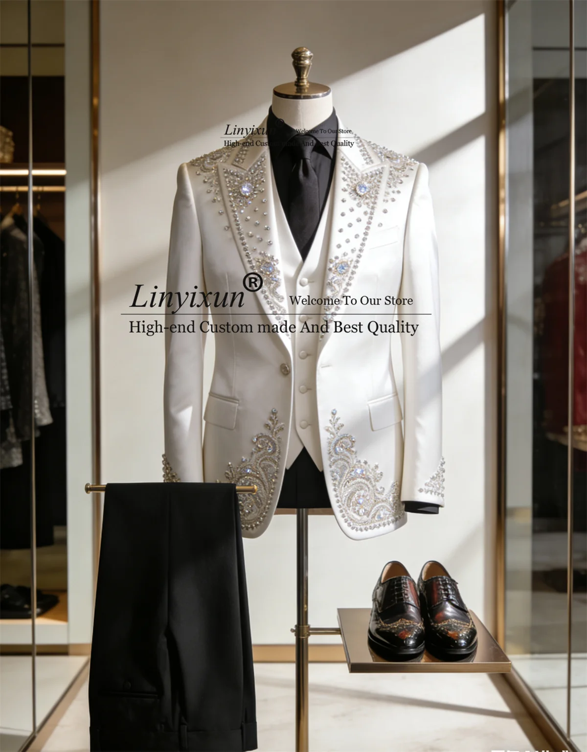 

High End Crystals Men Suits 3 Pieces Sets Party Groom Blazers Pants Outfit Customized Wedding Tuxedo Slim Fit Male Costume Homme