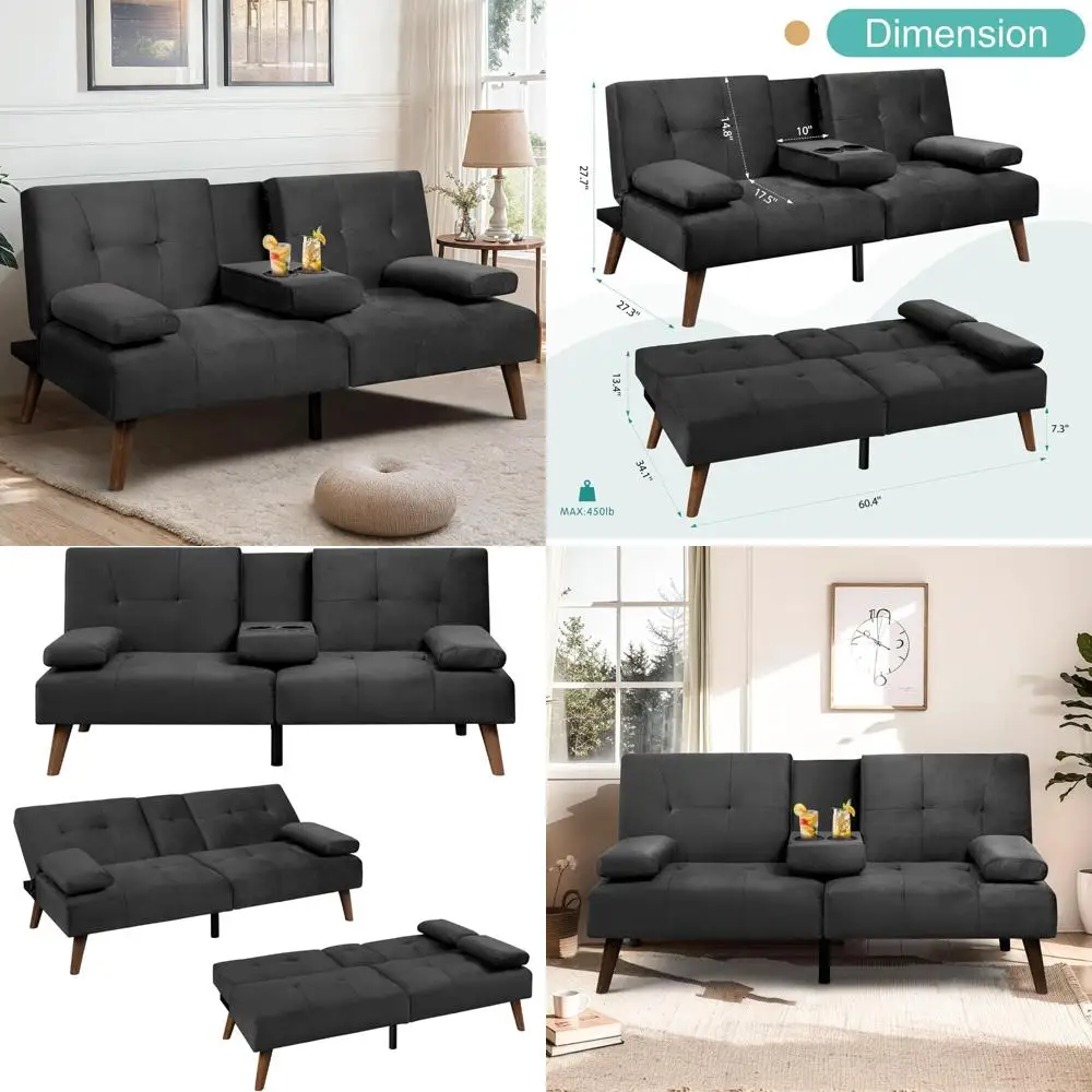 

Velvet Loveseat Futon Sofa Bed, 60 with Removable Armrests, Adjustable Recliner for Guest Rooms, Ideal for Small Spaces
