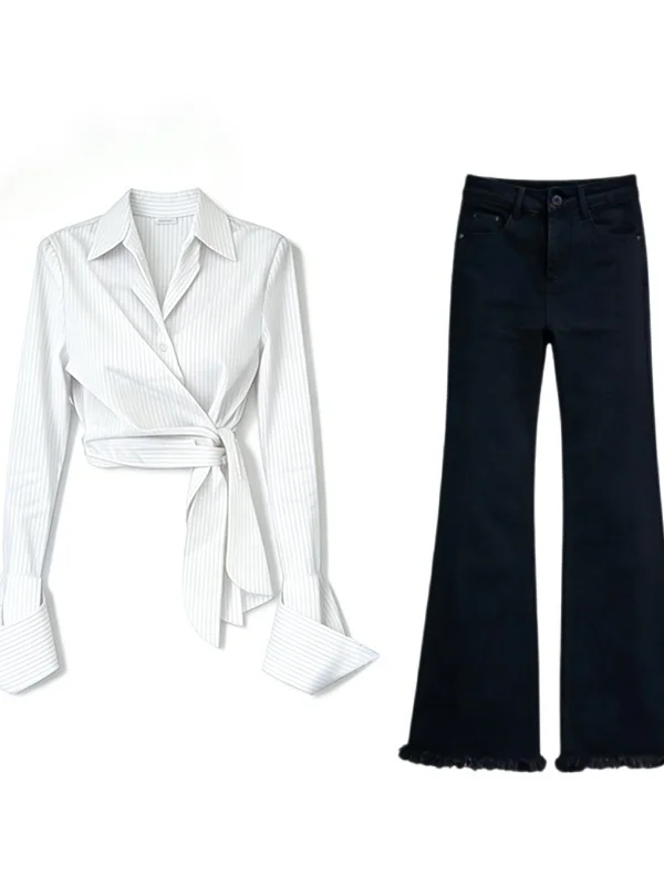 

Модный и стильный женский комплект: белая рубашка Slim Fit в городском стиле и джинсовые брюки (двойка)