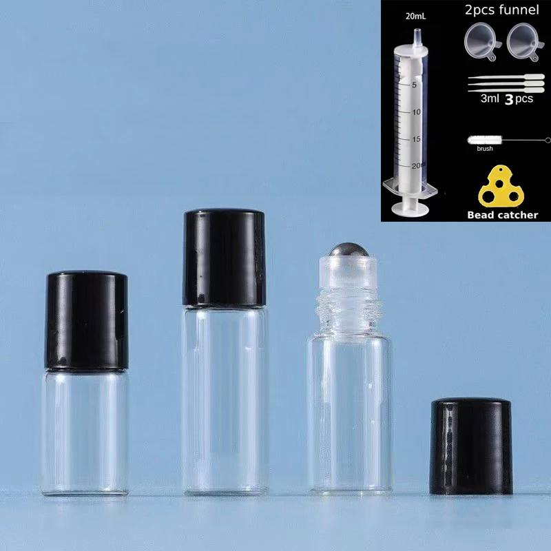 

50PCS 1ML/2ML/3ML/5MLTransparent Bottle Glass Roll Roller Ball Bottle on Essential Oil Black Empty Vials Travel Perfumes Bottle