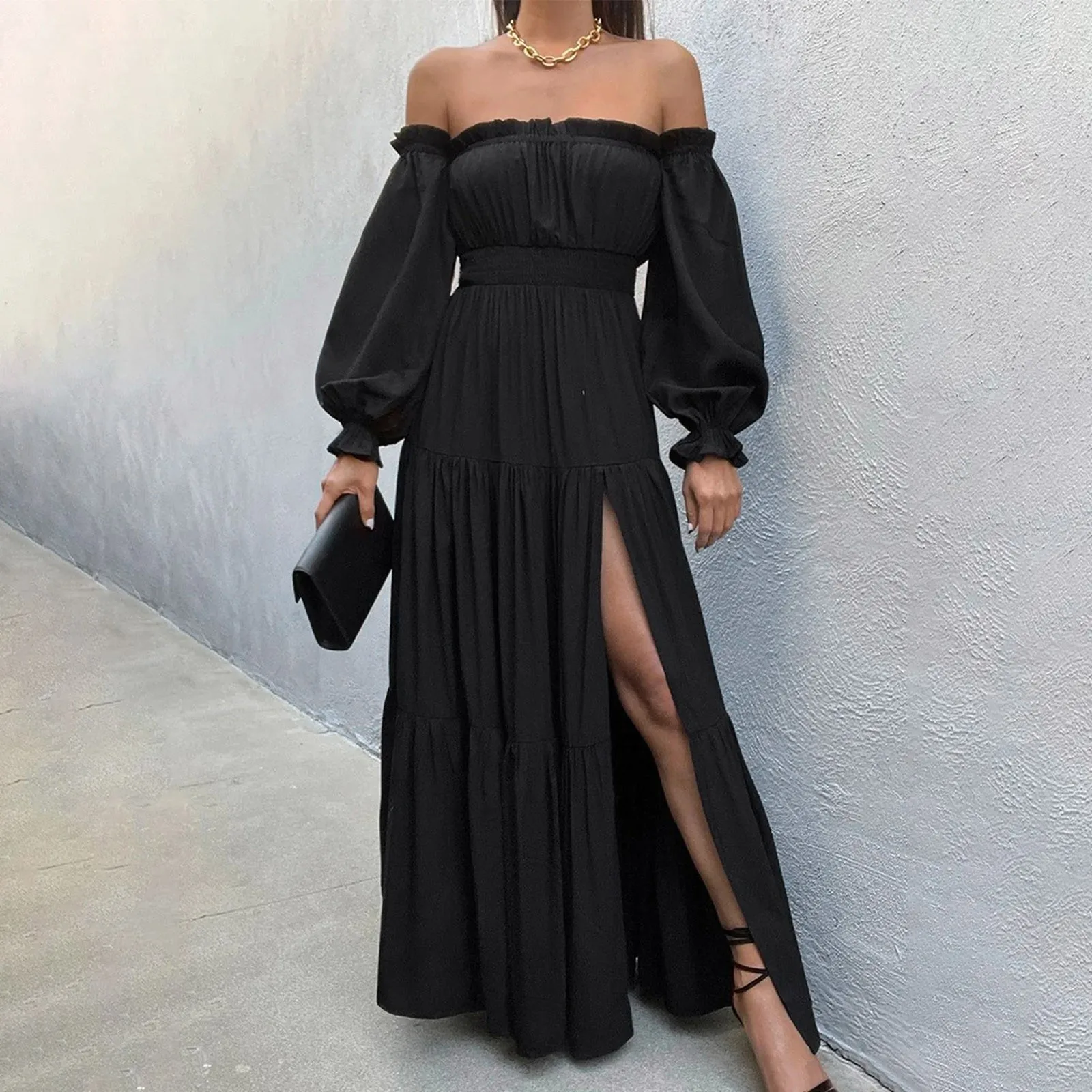 

Women Bare Shoulder Ruffles Long Dress Autumn Slash-Neck Long-Sleeved High-Slit Party Dress Female Casual Evening Maxi Dresses