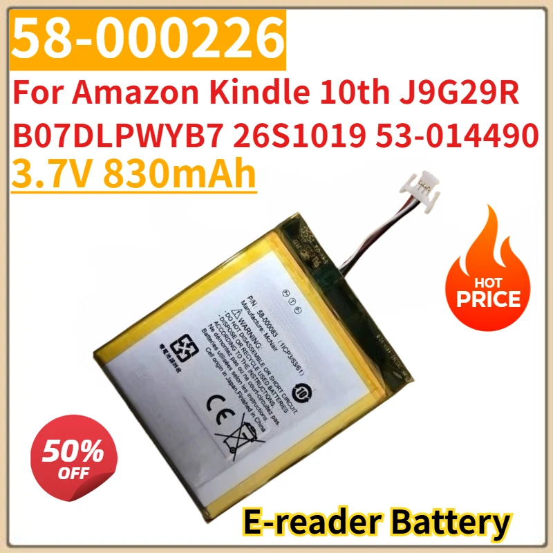 

Brand New Replacement E-reader Battery 3.7V 830mAh 58-000226 for Amazon Kindle 10th J9G29R B07DLPWYB7 26S1019 53-014490