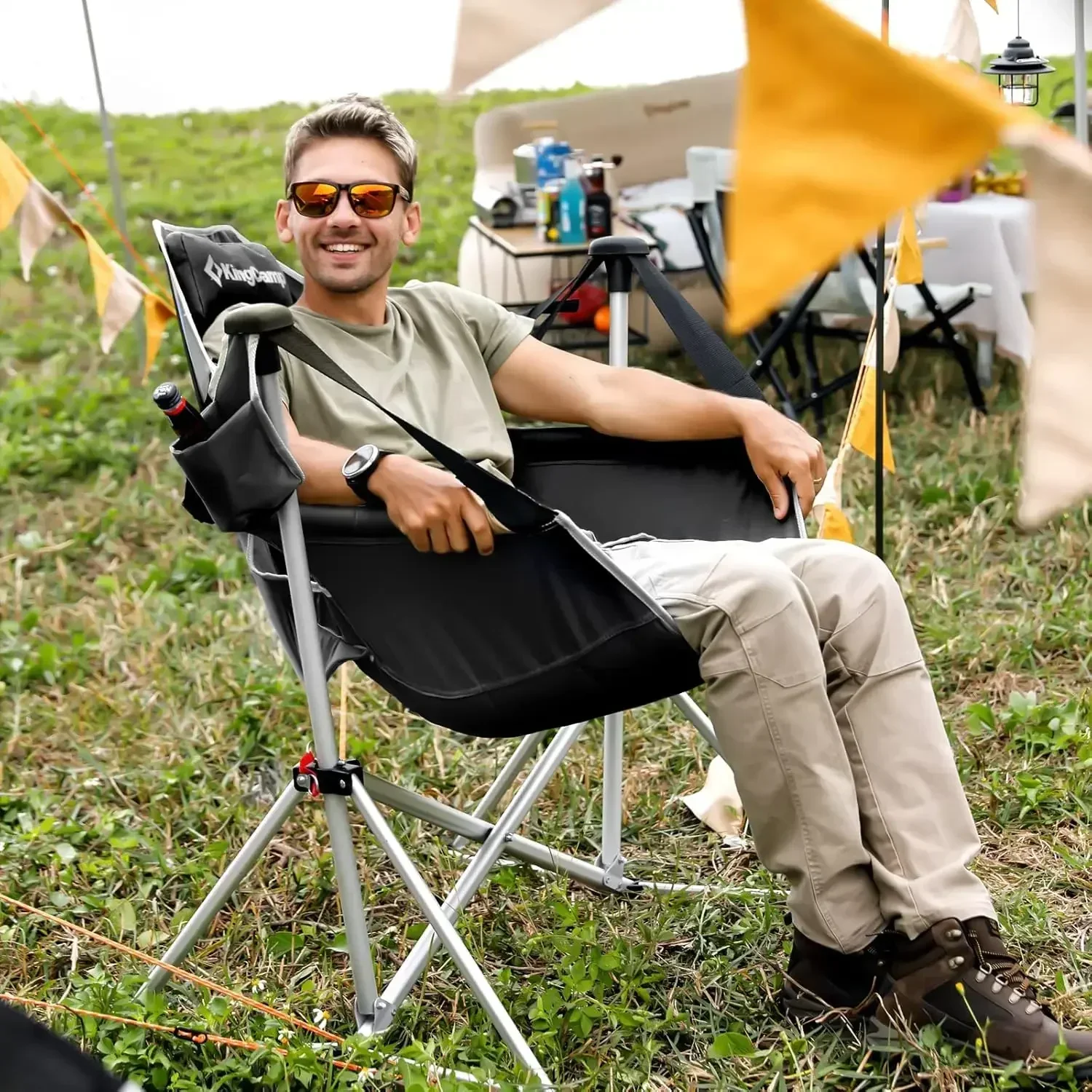 

Folding Rocking Chair with Pillow Cup Holder，Hammock Camping Chair, Aluminum Alloy Adjustable Back Swinging Chair