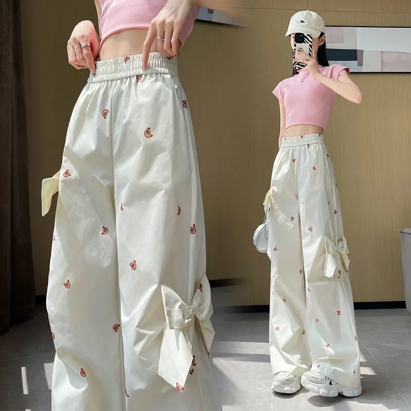 

Street Fashion Summer Cargo Pants Women New Elastic High Waist Little Bear Bow Youthful Vitality Casual Loose Wide Leg Trousers