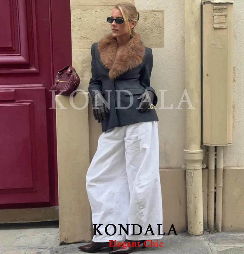 

KONDALA Women Elegant Faux Fur Collar Slim Jacket Buttons Slim Blazer Jacket 2026 Winter Fashion Fall Party Dinner Lady Jacket