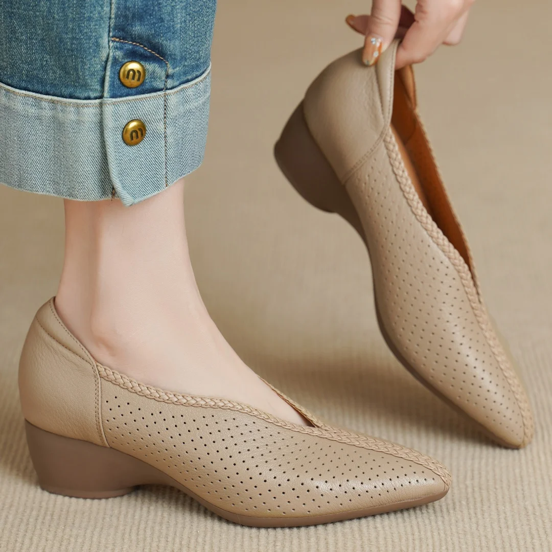 

Женские туфли-лодочки Danxuefei из овчины с вырезами, с острым носком, на танкетке 4,5 см, дышащие, летние, на среднем каблуке, размер 40