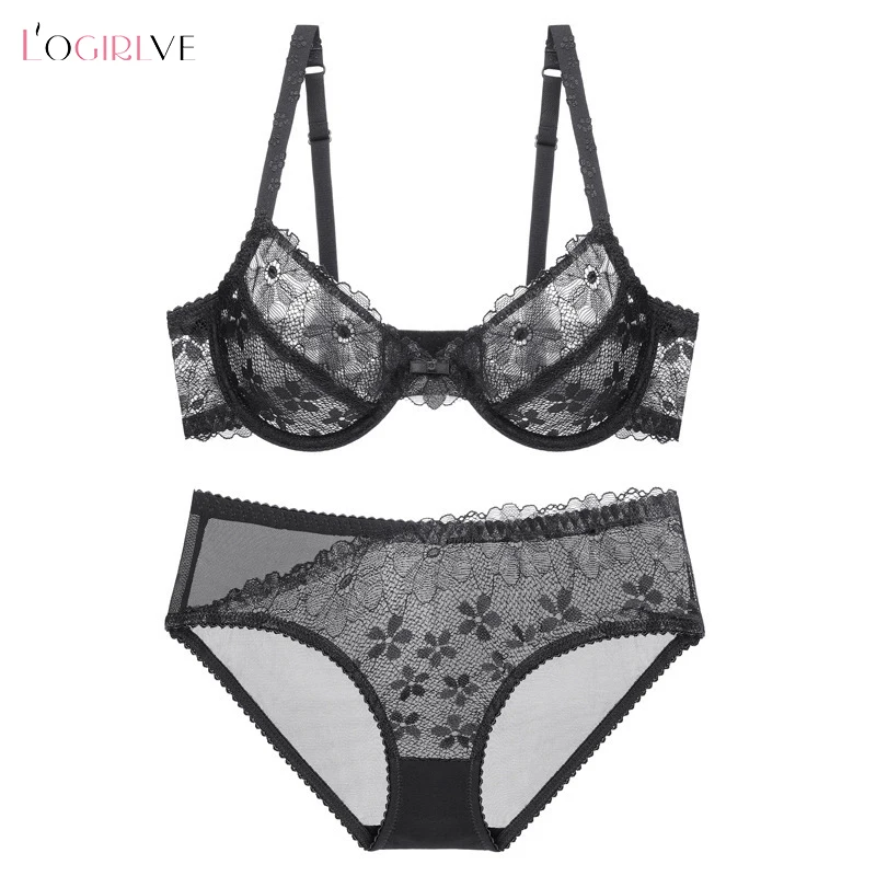 

Комплект нижнего белья Logirlve больших размеров, сексуальный кружевной ультратонкий прозрачный бюстгальтер и трусики с вышивкой чашки B C D для женщин, комплект с бюстгальтером