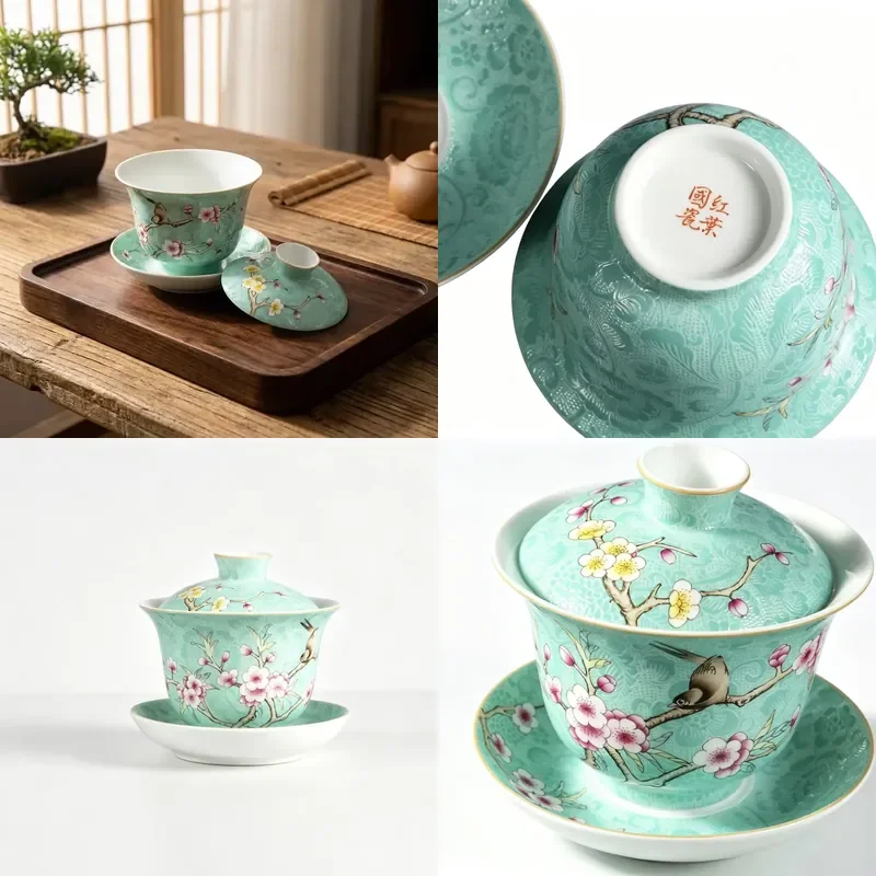 

【CHIMU HOME】 Handmade Rose Porcelain Gaiwan with Sgraffito Winter Serenity Design for Kung Fu Brewing