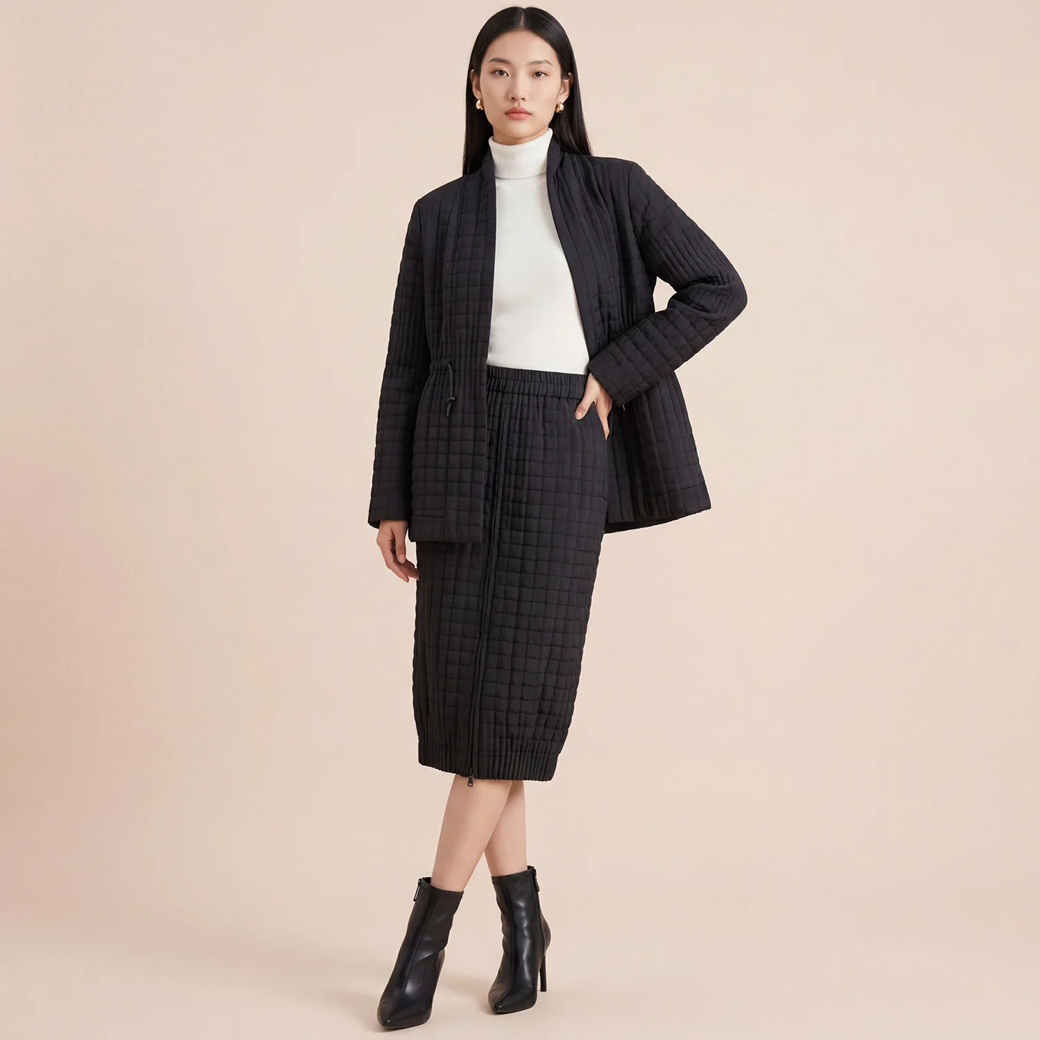 

Miyake Fold Japanese Drawstring Waist Loose V-neck Cotton Jacket with One Button Horn Sleeve Coat Half Skirt Set Cotton Coat