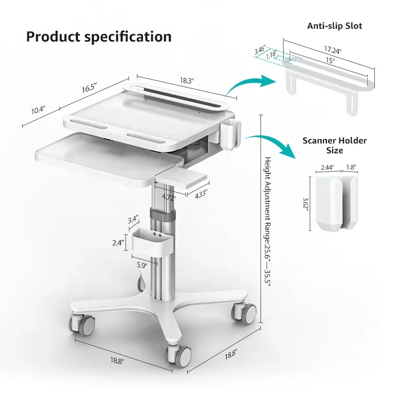 MTO 3 Mobile Nursing Cart Laptop Computer Compatible Medical Trolley for Hospital  Laboratory Use