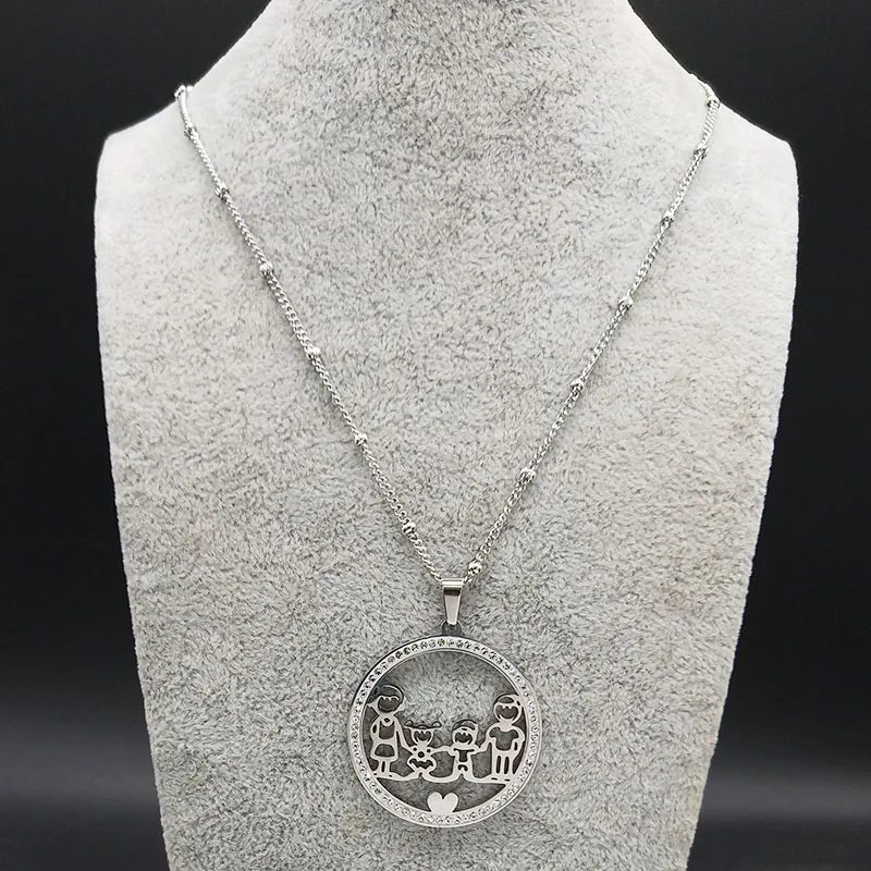 Family Boy Gril Stainless Steel Necklace for Women Silver Color Crystal Necklace Jewelry Collares Christmas Gift N03S01