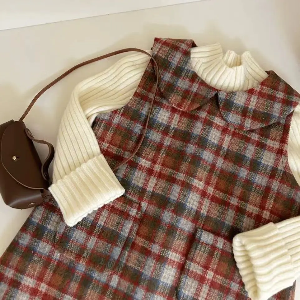 Korean Style Girls Autumn and Winter New Woolen Plaid Vest Skirt Knitted Long Sleeve Warm Sweater Base Layer Two-piece Set