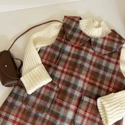 Korean Style Girls Autumn and Winter New Woolen Plaid Vest Skirt Knitted Long Sleeve Warm Sweater Base Layer Two-piece Set