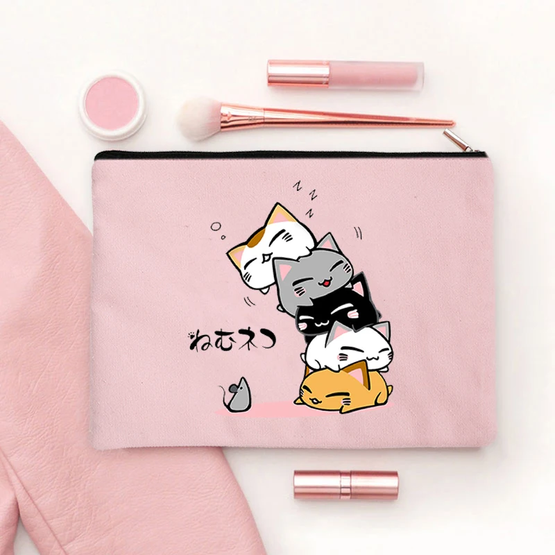 Bolsa de maquillaje con patrón de gato de dibujos animados Kawaii, bolsa de maquillaje, bolsas de almacenamiento portátiles de viaje, Mini bolsas de aseo, estuche de belleza, 2023