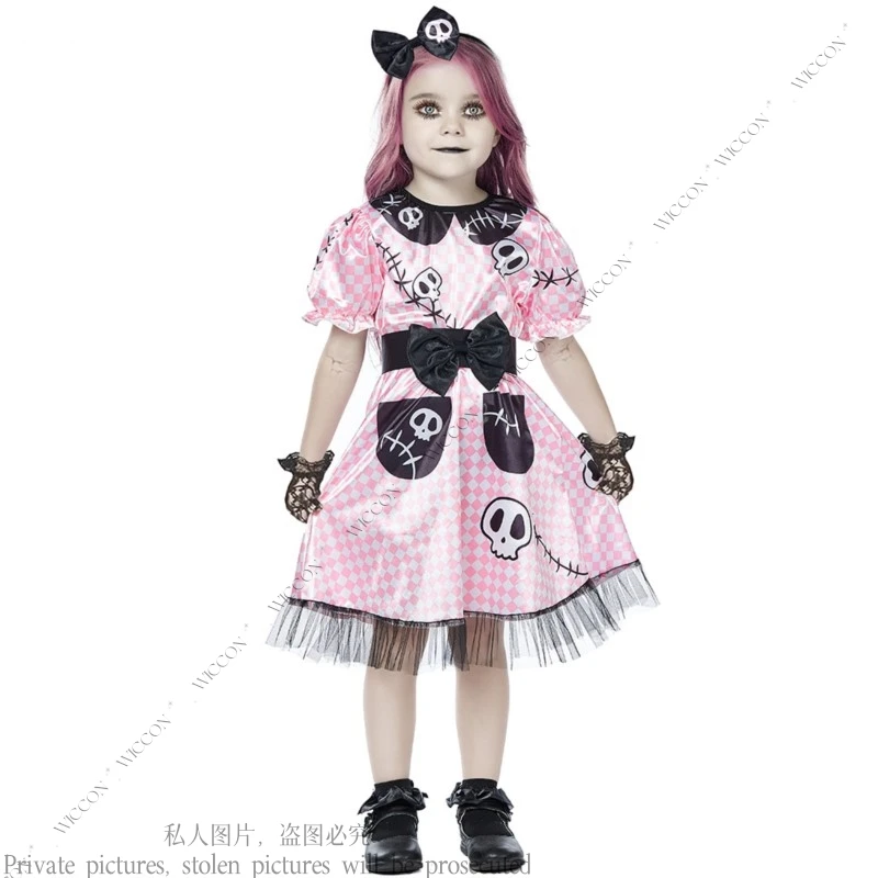 Halloween Costume Skull Print Children's Pink Check Party Mechanical Imps Cosplay Halloween Party Disguise Fancy Kawaii Cartoon