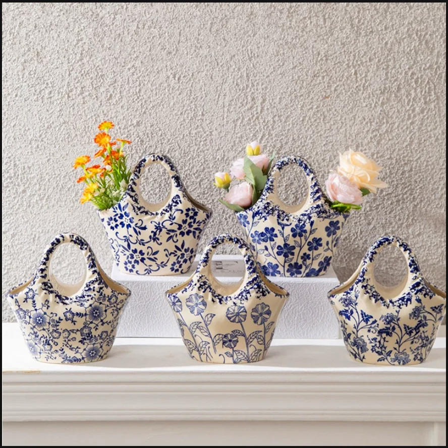 

Blue and White Vase with Abundant Flowers - Retro Ceramic Decor for Living Room, Hydroponic Flower Arrangement, Creative Rustic