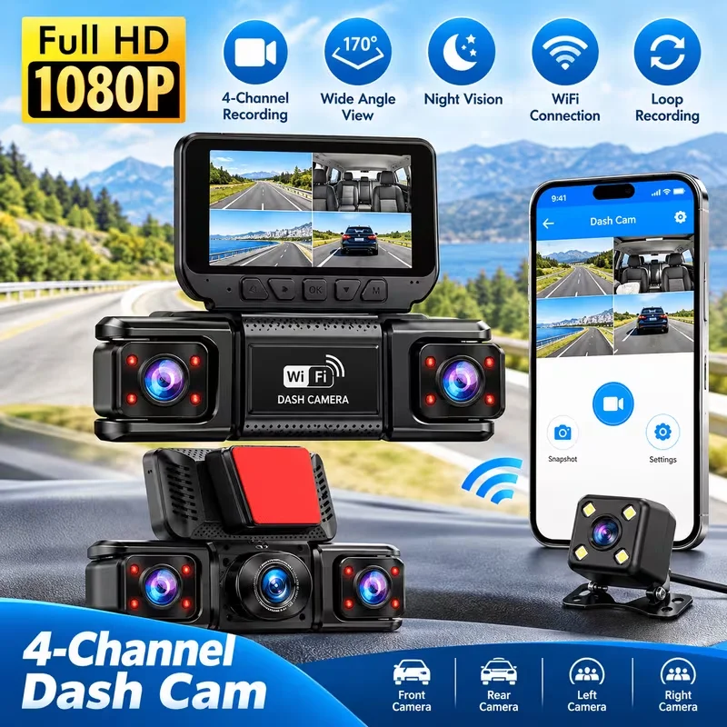 1080P HD 180° Wide Angle Panoramic Dash Cam, G-Sensor Lock, Reverse Parking Assist, 24H Parking Monitor Car DVR