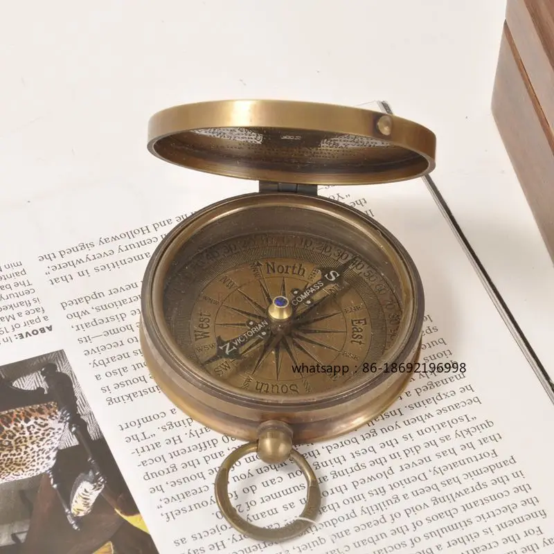 India Imported Retro Nostalgic Wooden Box with Hexagonal Compass Brass Compass Nautical Compass Study Ornament