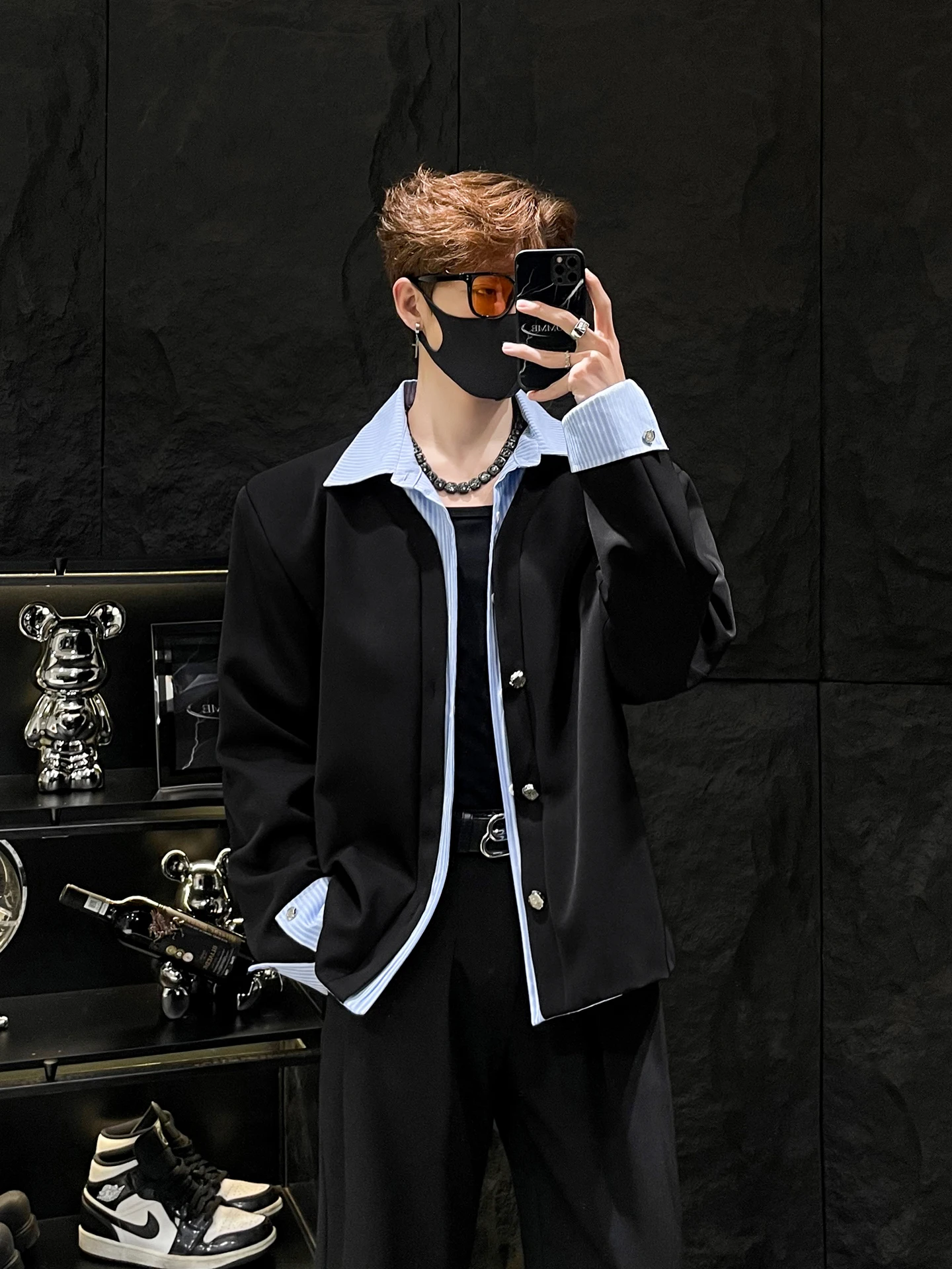 

Весенний повседневный свободный мужской полосатый кардиган-жакет с эффектом двухслойности и пэчворка, молодежный тренд