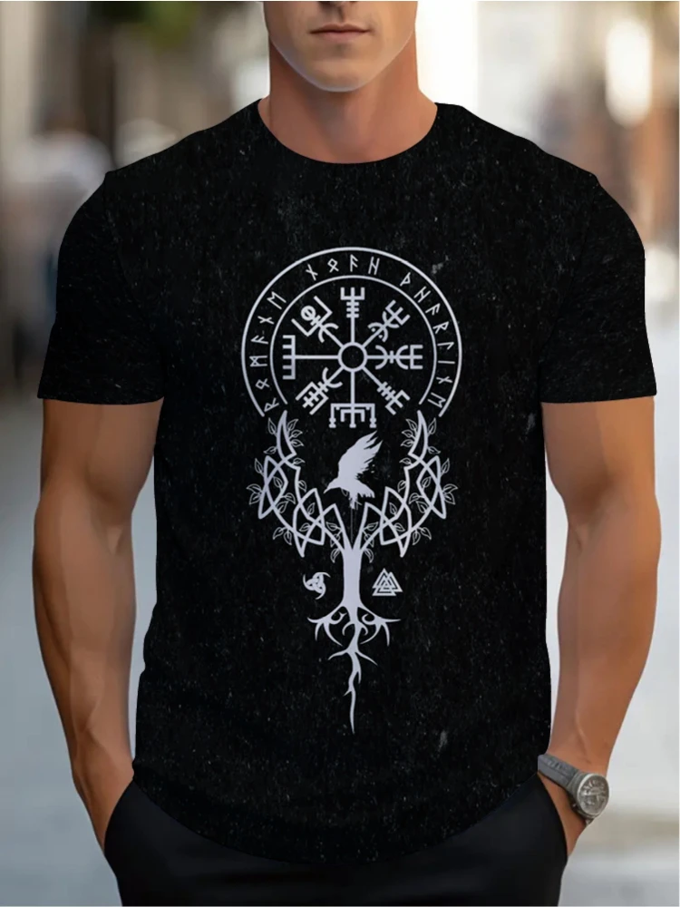 

Norse Mythology Graphic- Mythology Rune & Tree of Life Design - with Raven Artwork-100% cotton O-neck men's printed T-shirt.