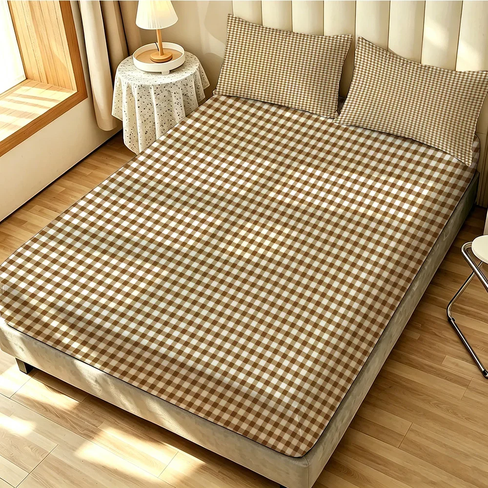 3PCS Soft Minimalist Retro Brown and White Plaid Fitted Sheet Set, Small Checkered Pattern Soft Bedding Decor for Bedroom