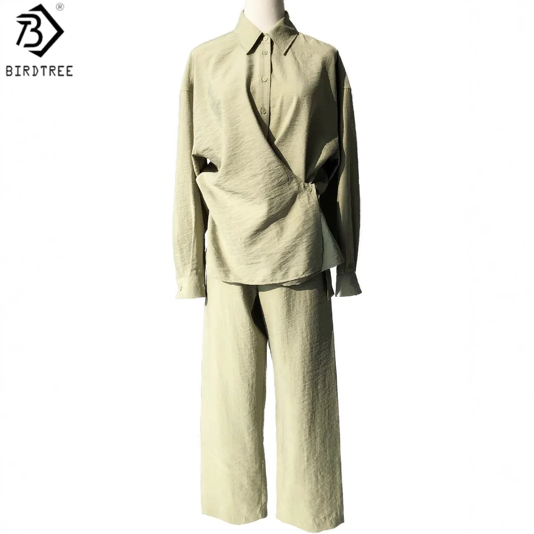 

BirdTree 75% Real Silk 25% Nylon Long Sleeve Top Pants Suit,Woman Dry Silk Grass Green Blouse Pants With Belt,2025 New P57910JF